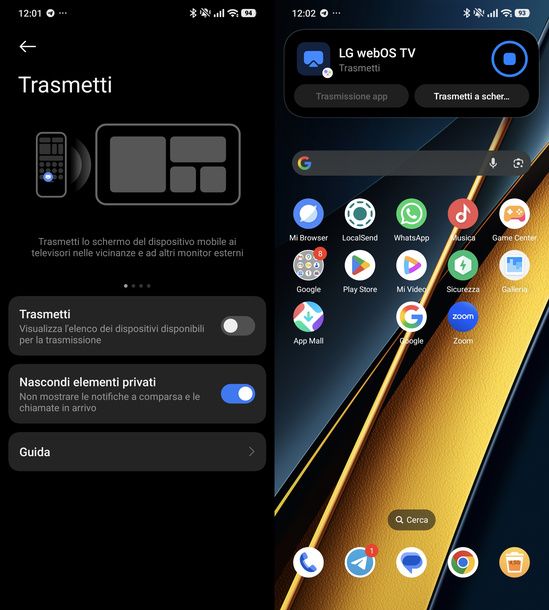 Attivare Miracast da tendina notifiche Android