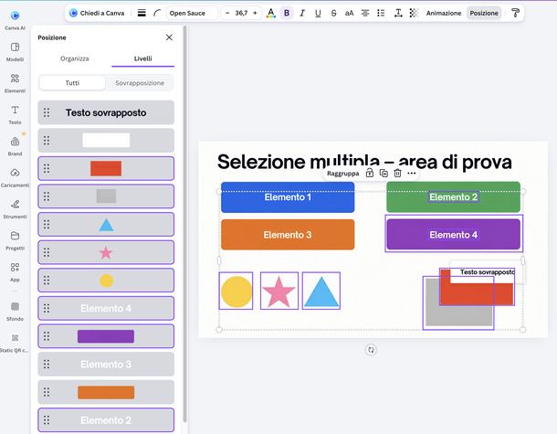Selezionare livelli Canva Mac