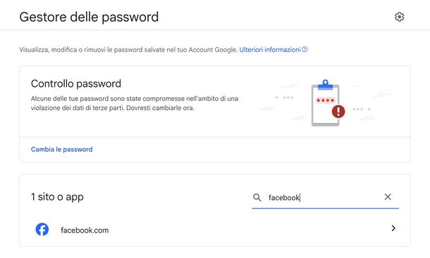 Cercare password Gestore delle password Google browser