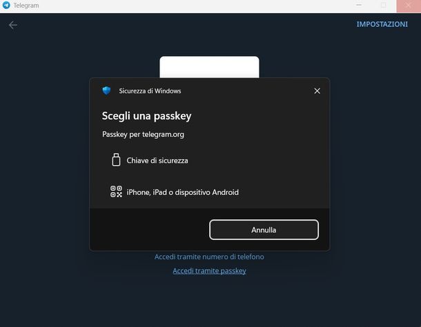 Accedere a Telegram con passkey Windows