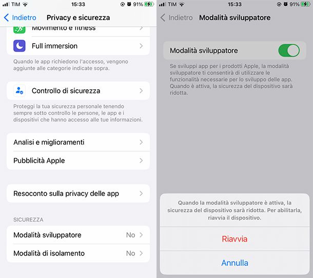 modalit&agrave; sviluppatore iphone
