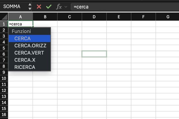 Selezionare CERCA.X dal menu Funzioni Excel Mac