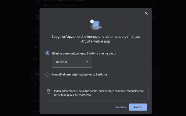 Eliminare automaticamente l'Attività Web e app di Google