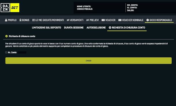 chiusura conto di gioco da sito DAZNBET