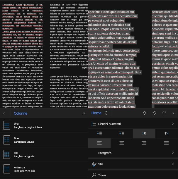 creazione e allineamento colonne su app Word