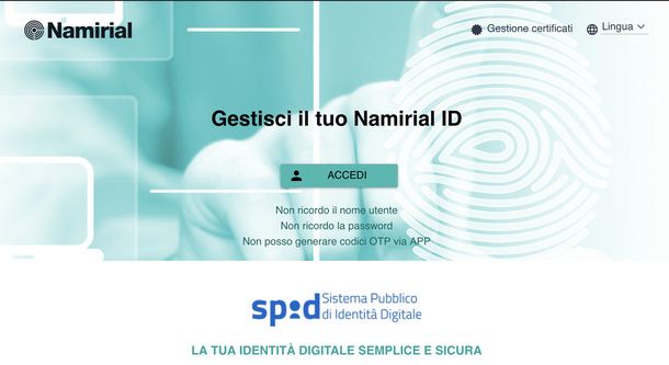 Portale Namirial ID con le opzioni di recupero
