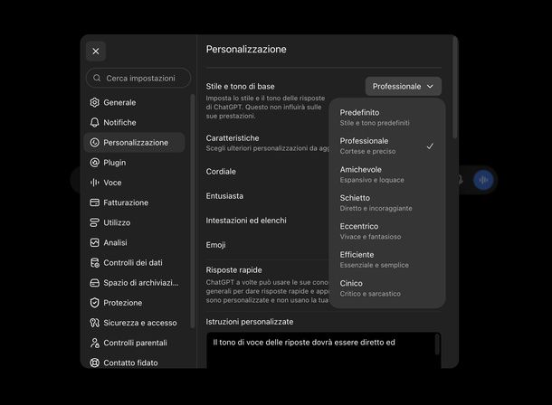 Impostare preset stile e tono ChatGPT PC