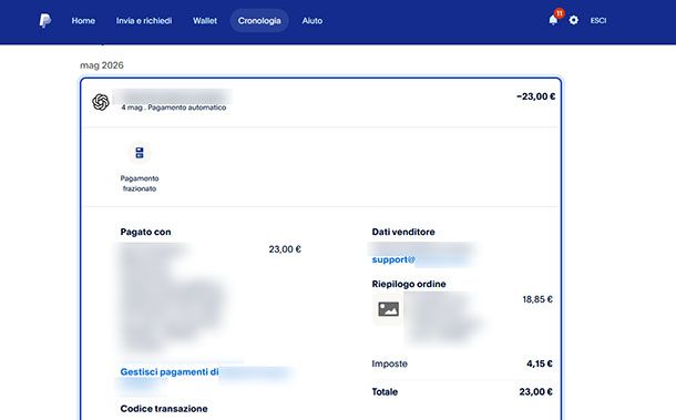 Scheda transazione PayPal