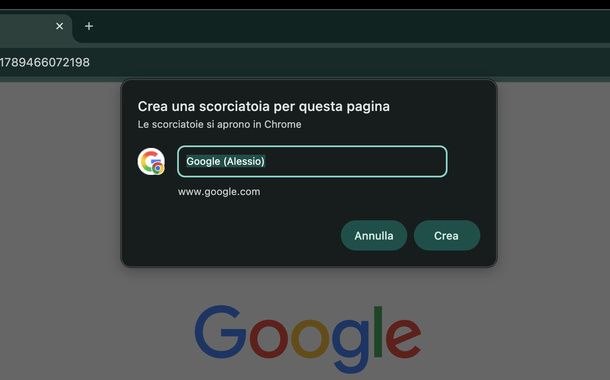Creare scorciatoia a Google con Chrome