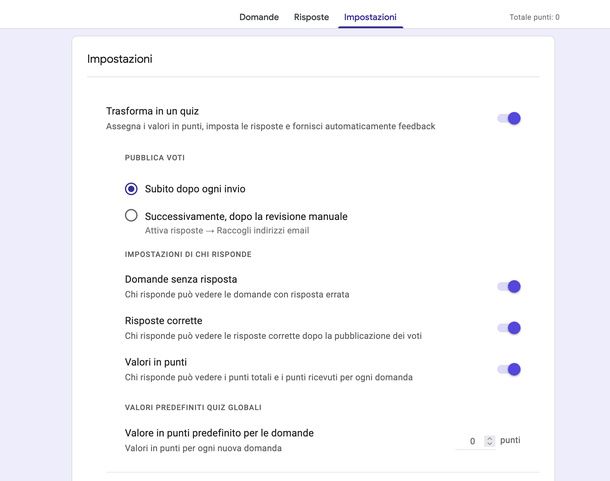 Configurare le impostazioni del quiz Google Moduli