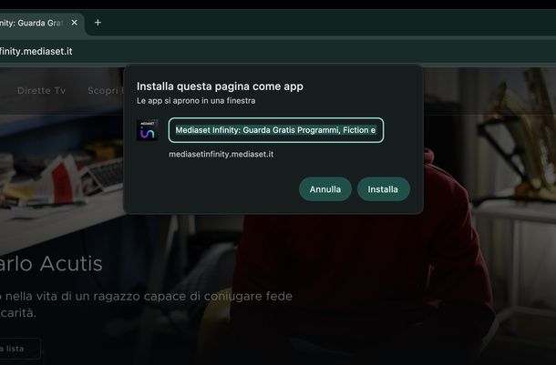 Installare Mediaset Infinity come app Chrome PC