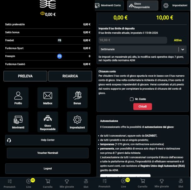 chiusura conto di gioco DAZNBET da app