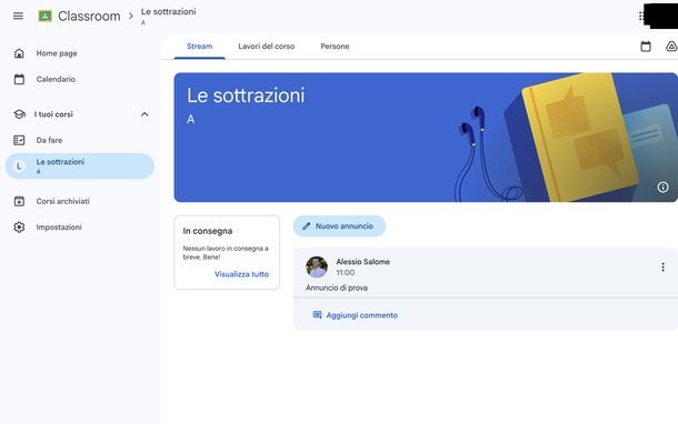 Bacheca del corso Classroom studente computer