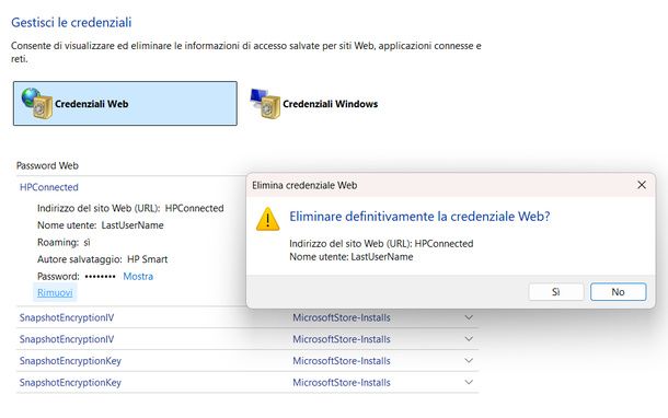 Cancellare password Gestione credenziali Windows