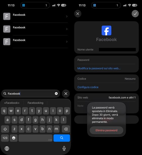 Cancellare una password app Password iPhone