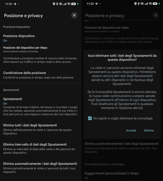 Eliminare i dati degli Spostamenti di Google