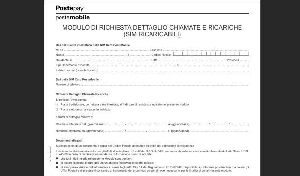 modulo richiesta dati di traffico PosteMobile