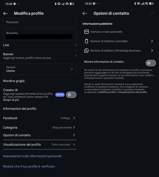 Aggiungere Pagina Facebook e contatti su Instagram Android