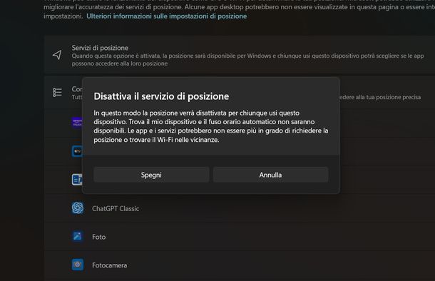 Disattivare i servizi di posizione su Windows
