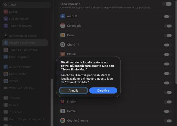 Disattivare la localizzazione su Mac