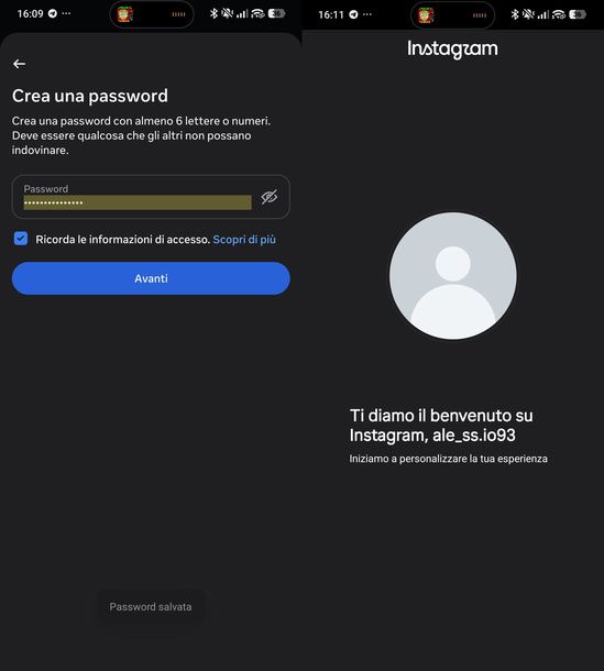Completare la registrazione del nuovo account Instagram Android