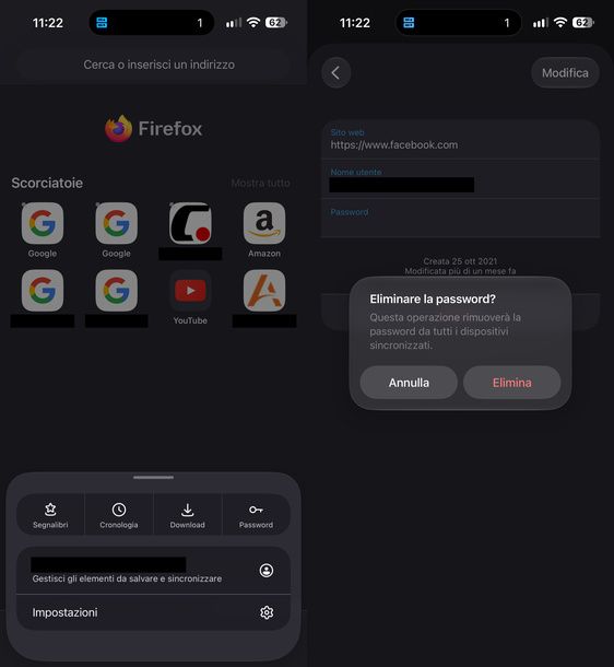 Eliminare singola password Firefox iPhone