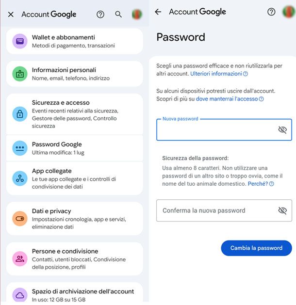 Cambia password Google da smartphone
