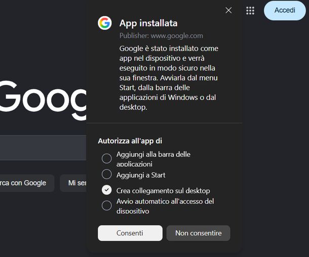 Creare collegamento sul desktop Edge Windows