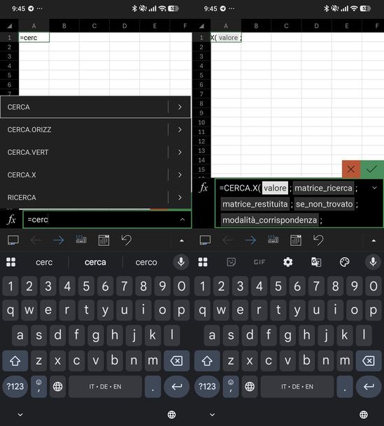 Digitare CERCA.X nella barra della formula Android