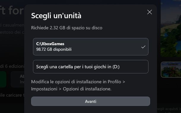Scegliere disco installazione Minecraft Bedrock Edition Windows