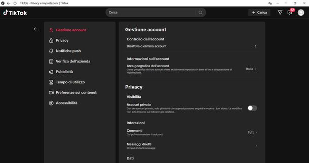 Gestire impostazioni account TikTok Windows