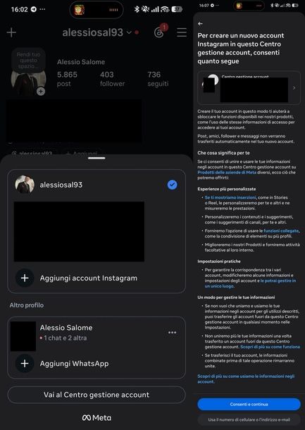 Scegliere tra account collegato e indipendente Instagram Android