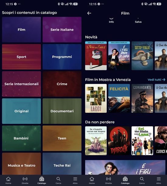 Scegliere un film dal catalogo RaiPlay Android