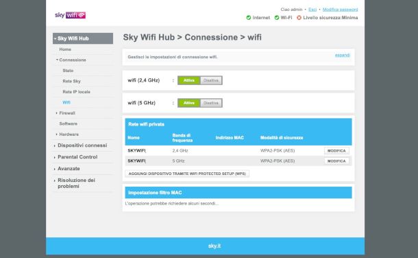 interfaccia Web Sky Wifi Hub
