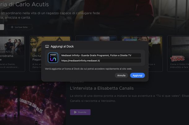 Aggiungere Mediaset Infinity al Dock Safari Mac