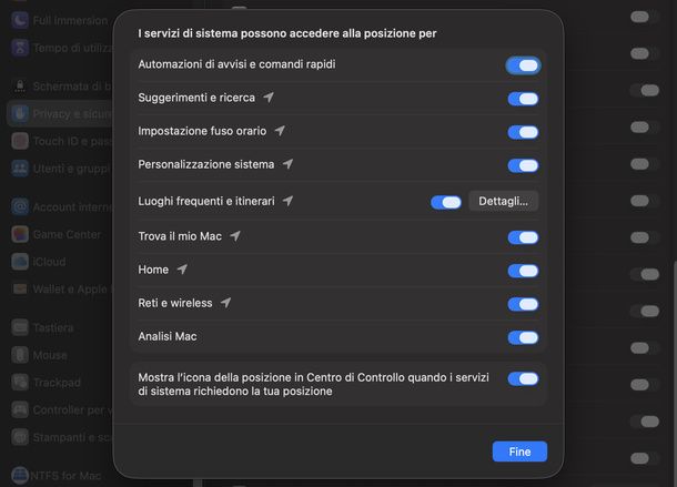 Disattivare la localizzazione dei servizi di sistema su Mac