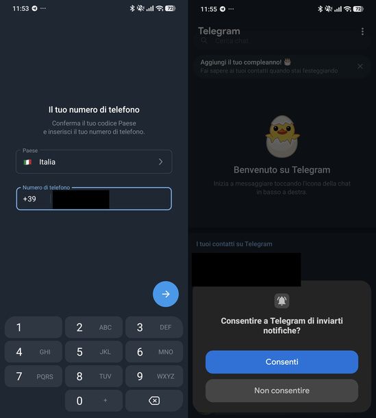 Accedere a Telegram con numero di telefono Android
