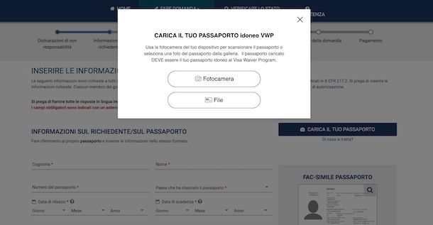 Caricare passaporto per ESTA