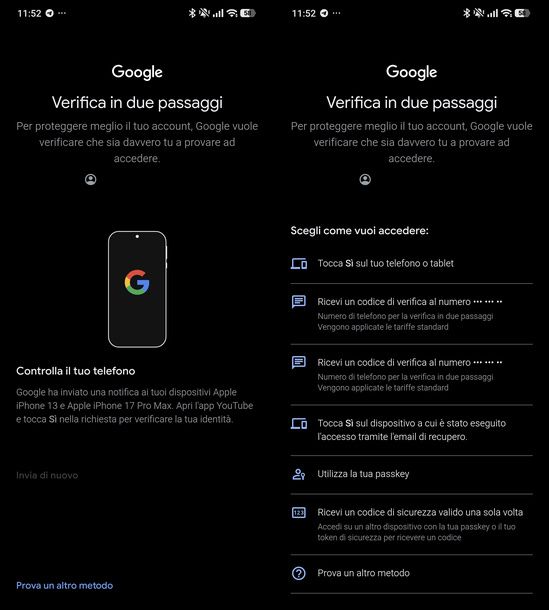 Completare verifica in due passaggi Google Android