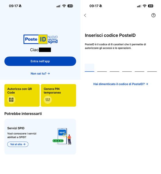 Entrare nell'app PosteID con codice