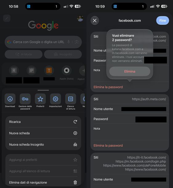Eliminare password singolo sito Chrome iPhone