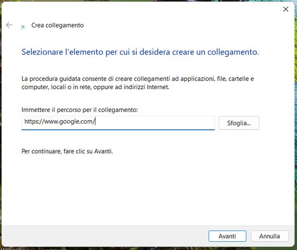 Creare collegamento a Google su Windows