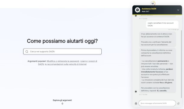 chat con assistente virtuale da sito DAZN