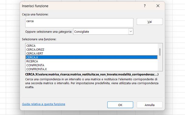 Selezionare CERCA.X in Inserisci funzione Windows