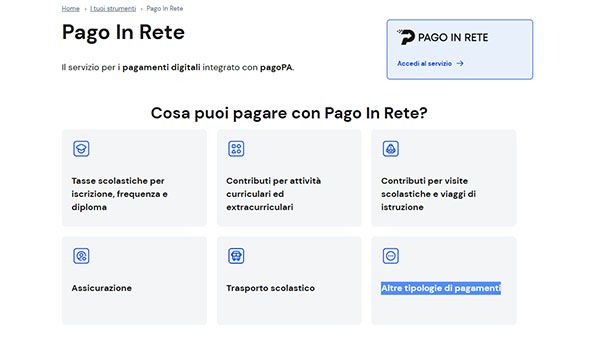Tipologie pagamenti Pago in Rete