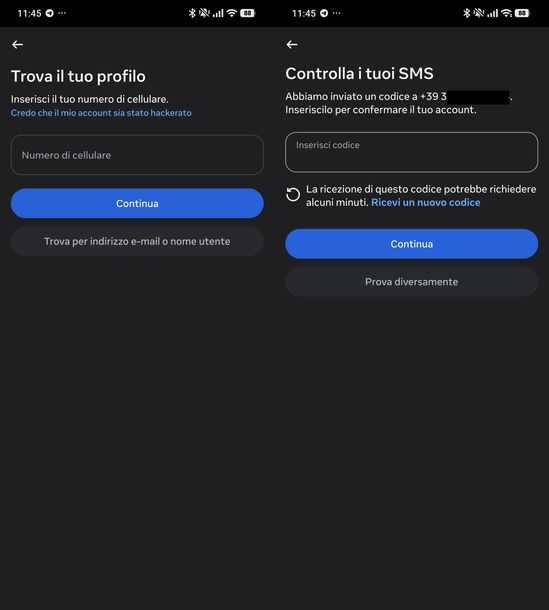 Recuperare Instagram con il numero di telefono smartphone