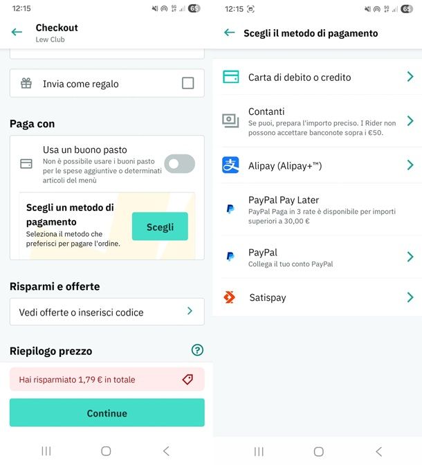 pagamento in contanti su deliveroo
