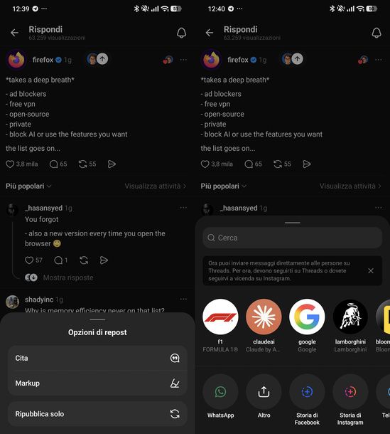 Ripubblicare e condividere un thread Android