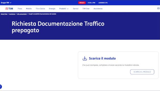 pagina download modulo richiesta dati di traffico su sito TIM