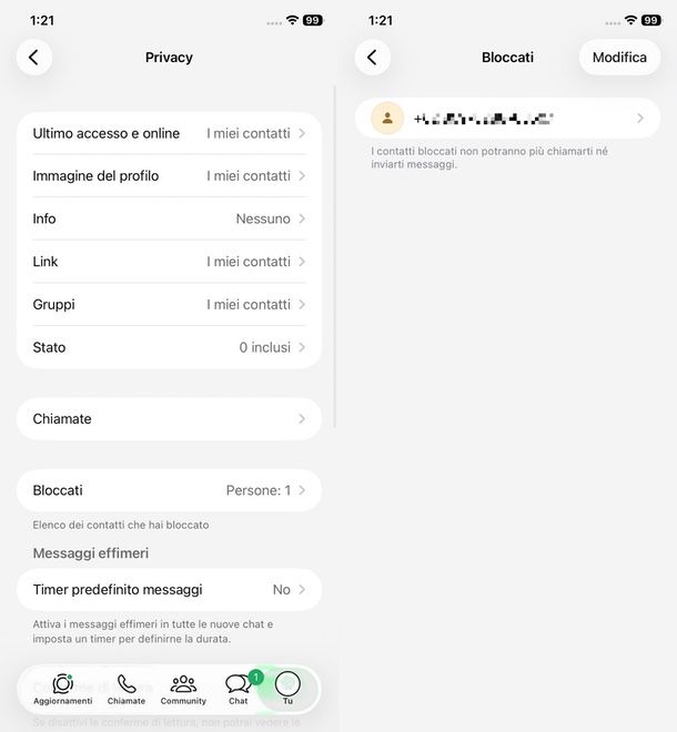 lista numeri bloccati WhatsApp iPhone